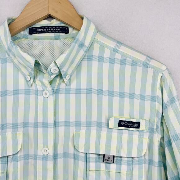 COLUMBIA Top Womens M PFG SUPER BAHAMA Plaid Roll Tab Fishing Button Down White - Picture 4 of 16